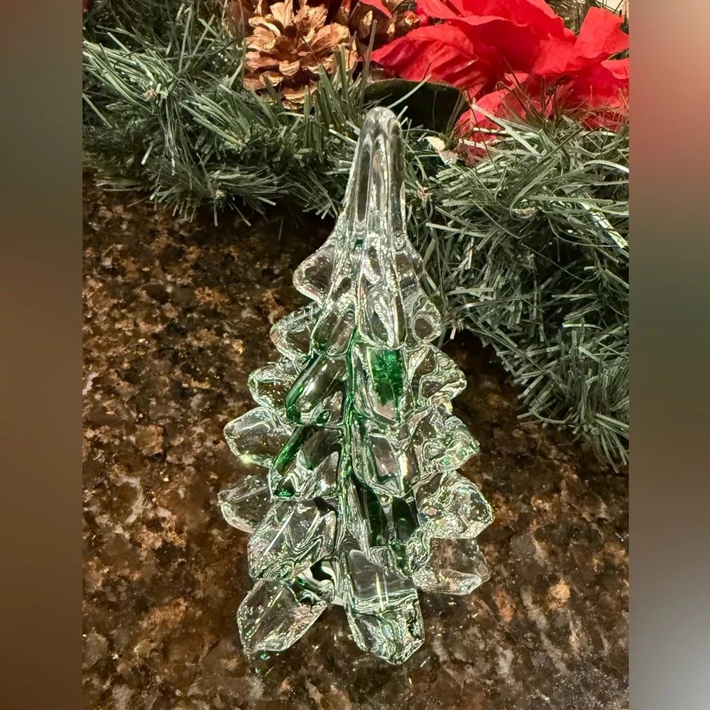 Vintage Price Products Crystal Clear Glass /Green Stripe Christmas Tree 6